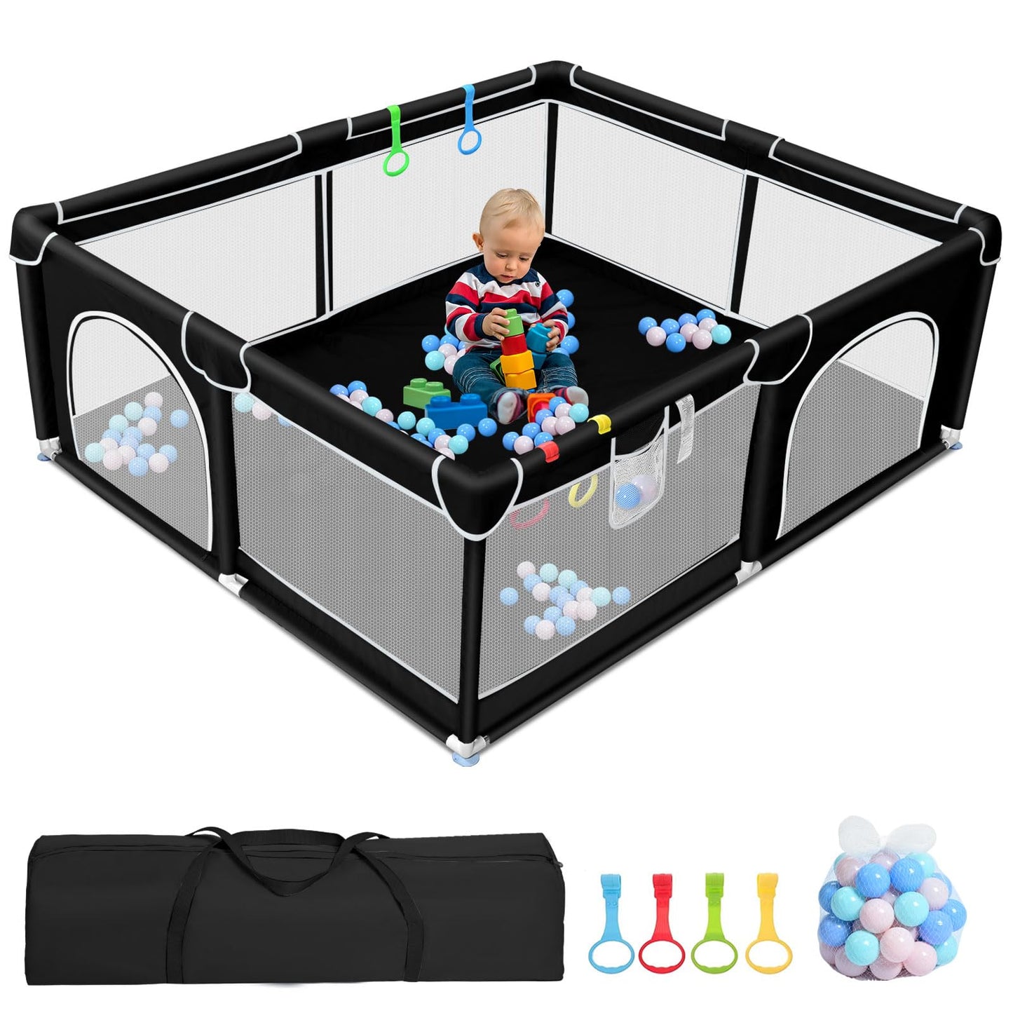 Wholede baby playpen, 150 x 180 x 66 cm, with breathable mesh fabric, includes 4 rings and 50 ocean balls.