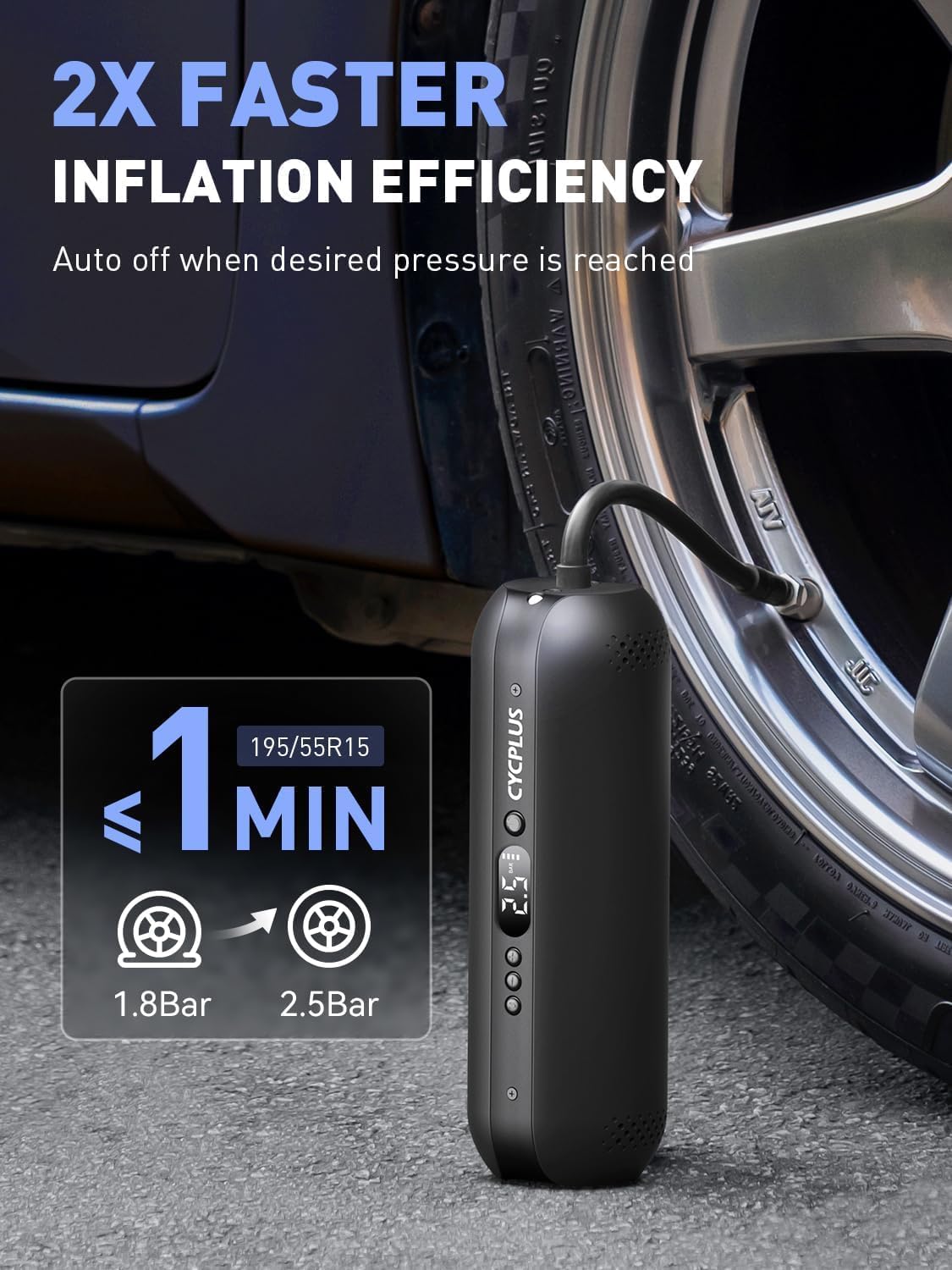 CYCPLUS air pump, 12V DC/AC 2-in-1, Max 150PSI automatic shutdown electric compressor portable bike pump mini tire pump for all bikes motorcycles and cars