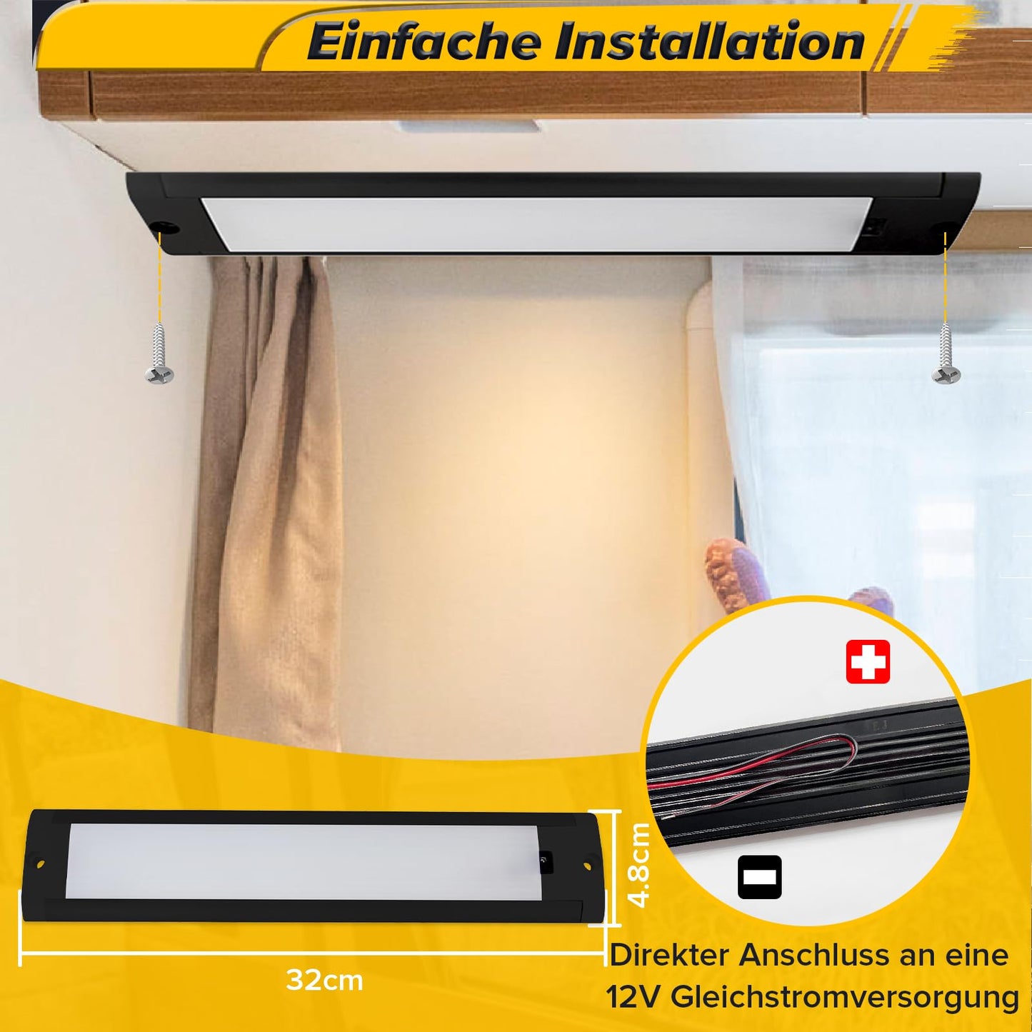 Dream Lighting LED Under Cabinet Light 12v RV Dimmable Camper Boat Lamp with Motion Sensor Interior Ultra-thin Black Aluminum Warm White