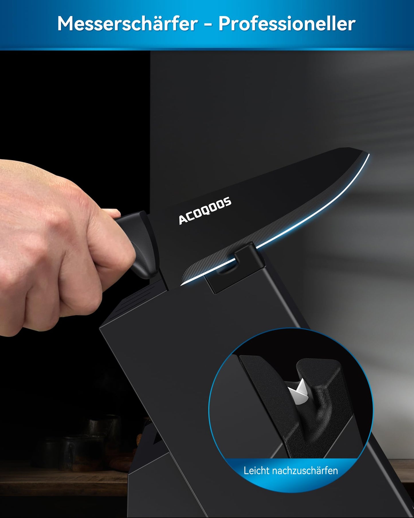 ACOQOOS Knife Block with 10 Pieces of Knives, Knife Set with Built-in Sharpener for Kitchen Use - Black kitchen knife Set