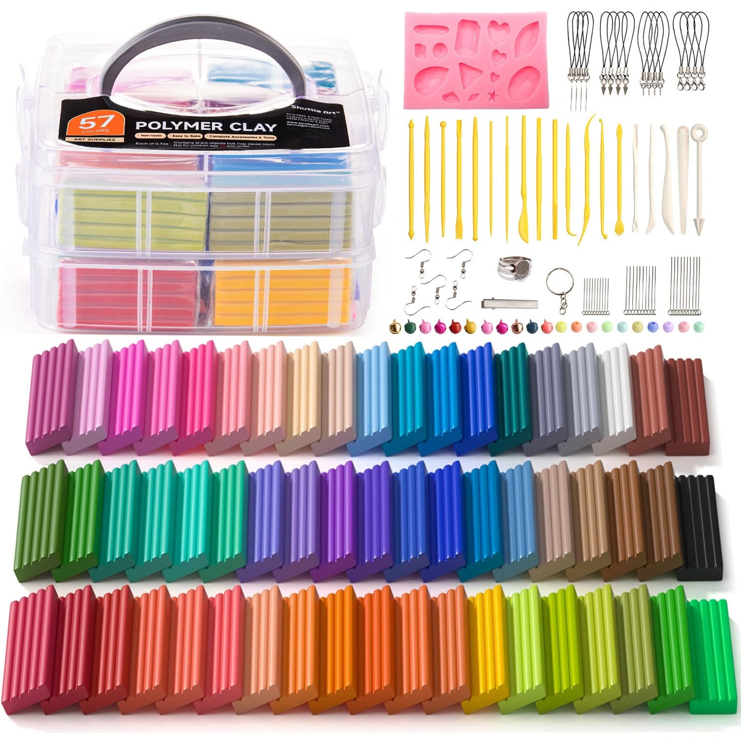 Shuttle Art Polymer Clay Set, 57 colors clay set with 102 pieces of polymer clay accessories, oven-bake modeling clay, polymer clay with 19 carving tools, kids clay, clay for earrings, bracelet.