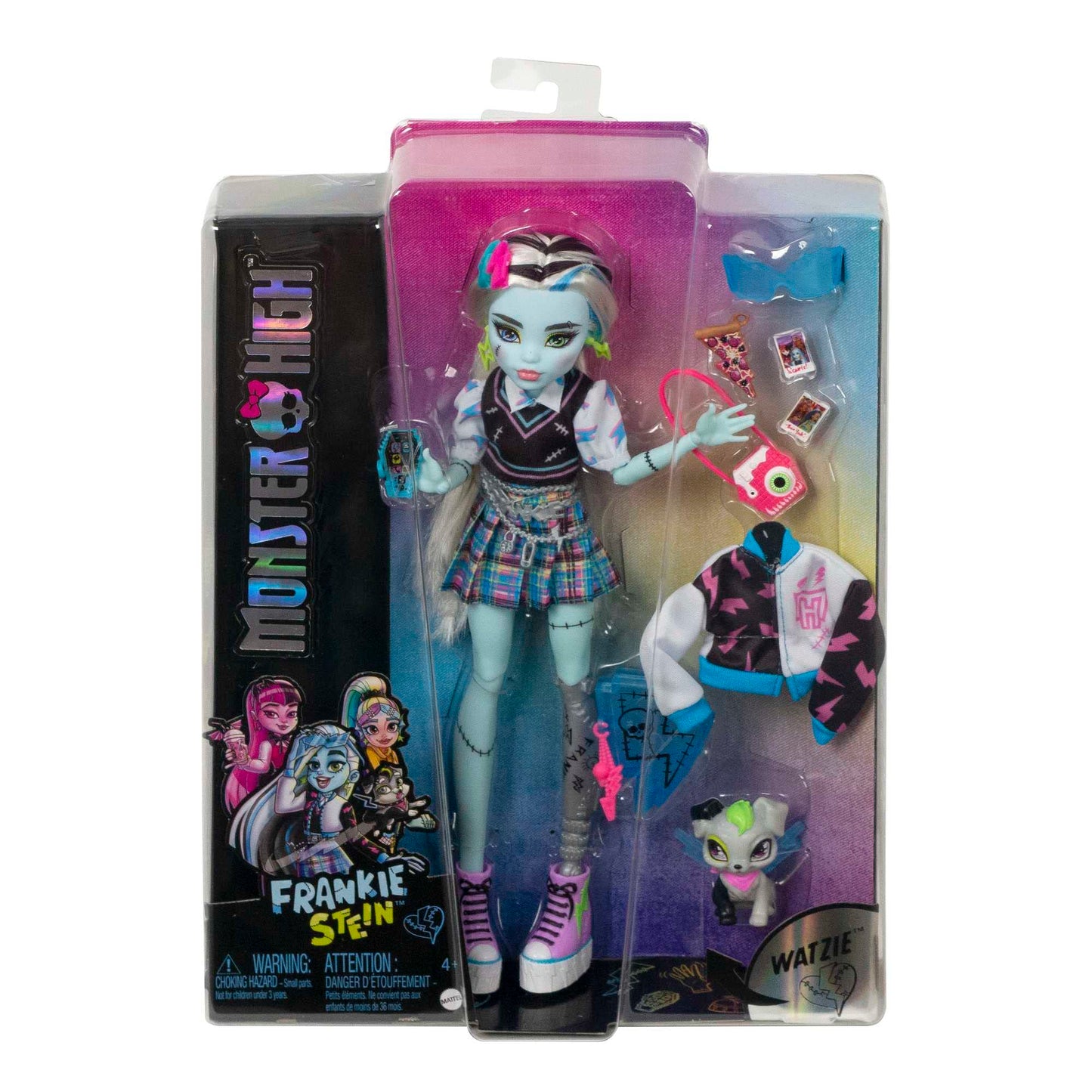 Monster High Frankie Doll, Electrifying Fashion, Voltageous College Jacket, creepy accessories, flexible body, for kids ages 4+, HHK53