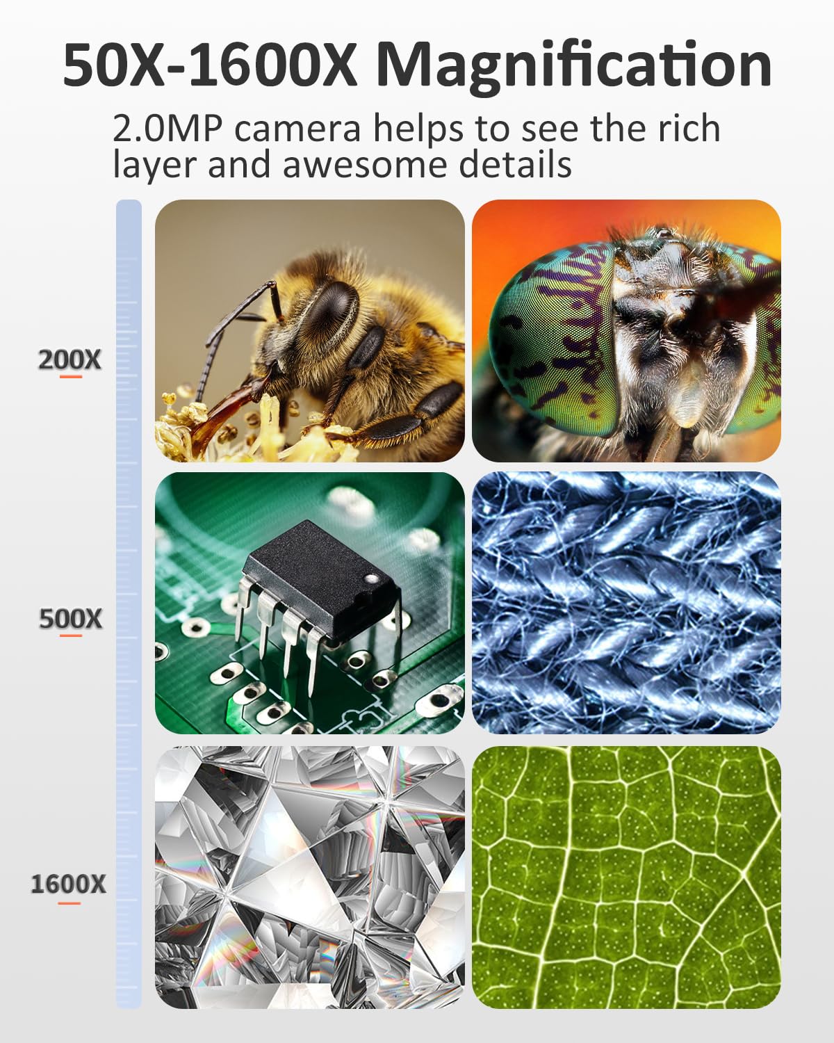 USB microscope for mobile phones, 1080P HD microscope for iPhone Android, 10 to 200X digital microscope with 8 LED mobile microscope compatible with iOS, Android, tablet.