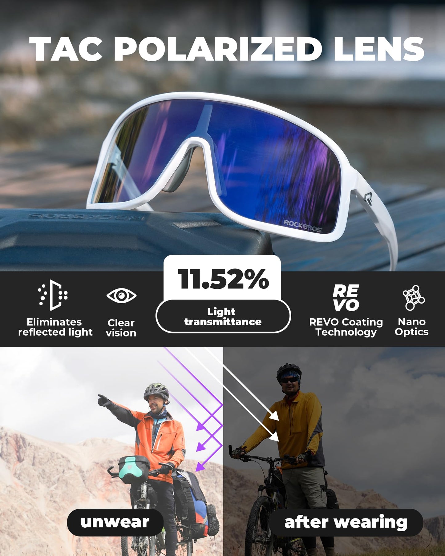ROCKBROS Bicycle Glasses Polarized Outdoor Cycling Glasses MTB Road Bike Sport Glasses for Men and Women