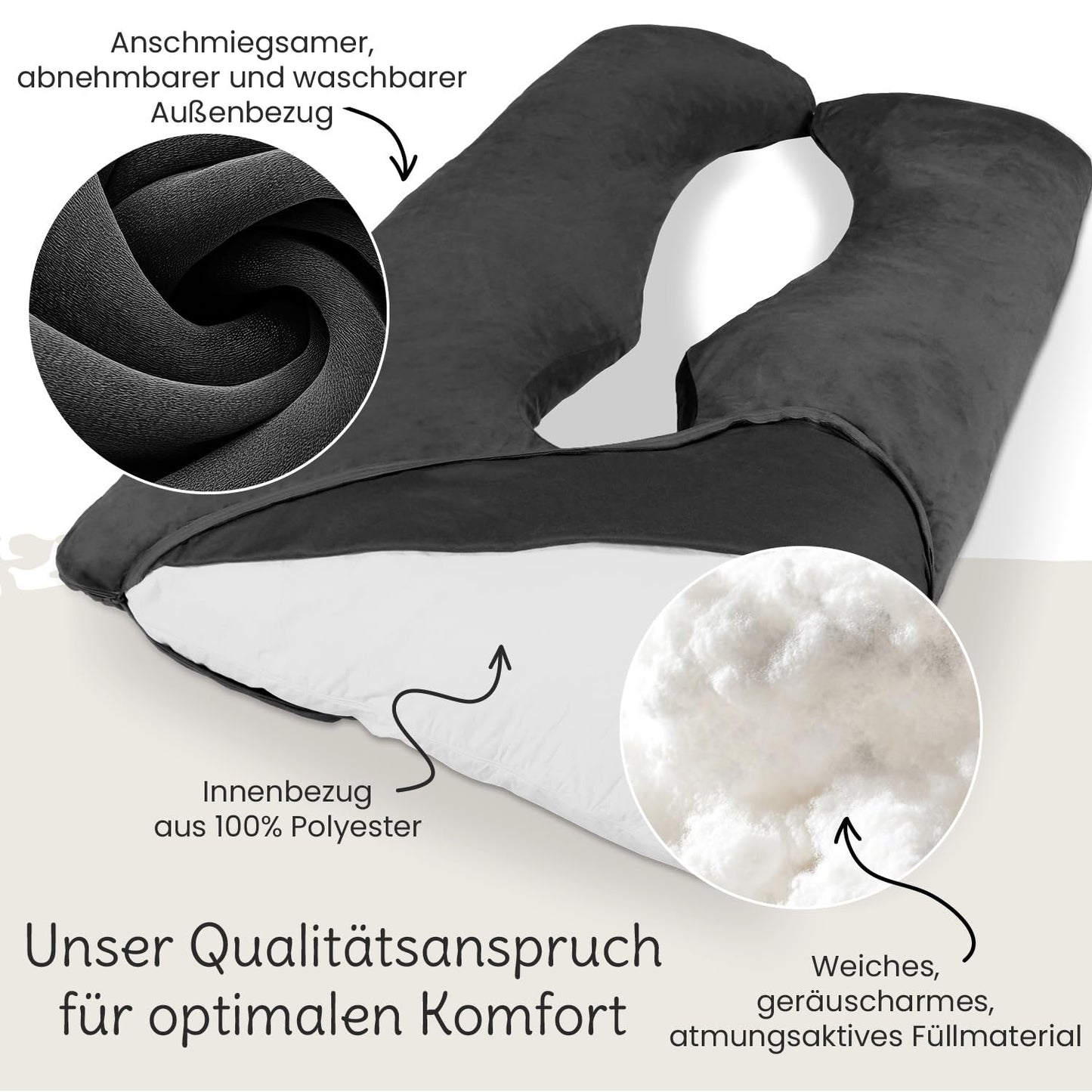 ELONEO Pregnancy Pillow XXL, Side Sleeper Pillow with Cover, Pregnancy Pillow in U shape, Nursing Pillow with soft, removable and washable cover, gray