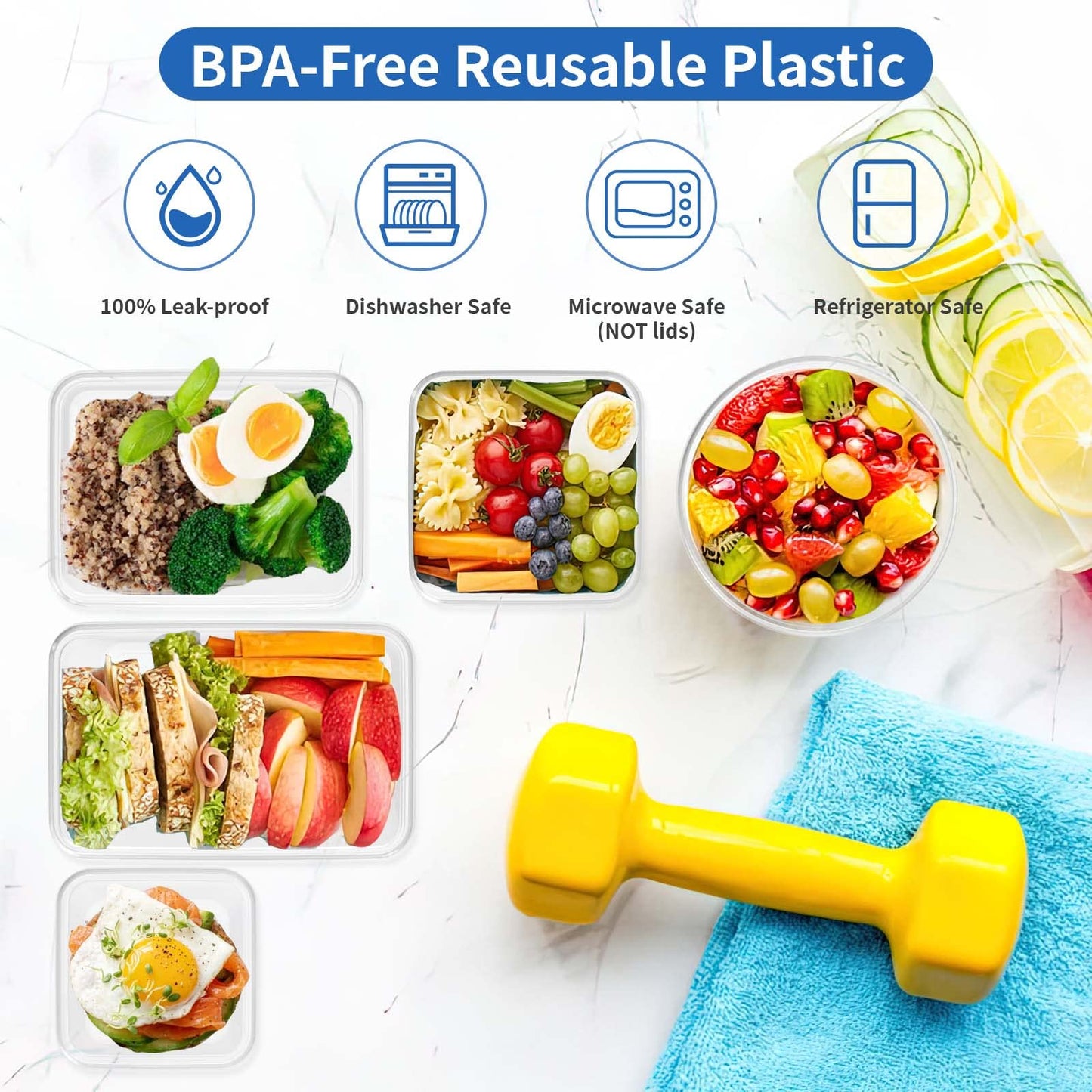 32-piece set of Withosent airtight plastic food containers with lids (16 containers + 16 lids). Perfect for storing food in the fridge, freezer, or microwave. Available in various sizes ranging from 1L to 350ml.