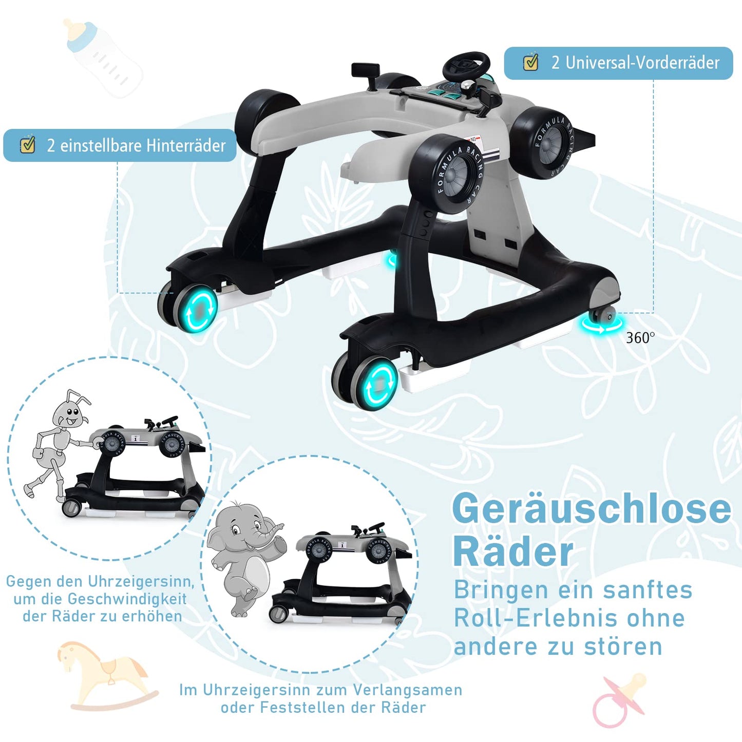 COSTWAY 4 in 1 baby walker, foldable with adjustable height & speed, car-shaped with music box, lights & wheels, suitable for babies from 6 months, up to 12kg load capacity (Grey)
