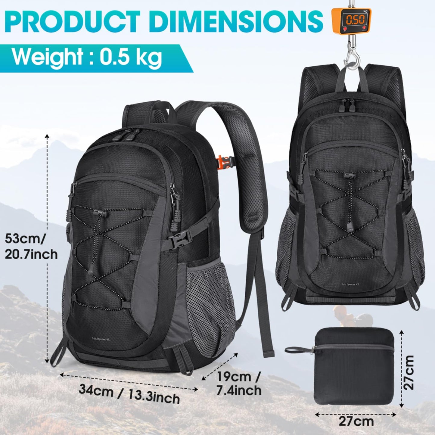 RAINSMORE hiking backpack for men and women 40L waterproof lightweight travel backpack trekking backpack with reflective strips for climbing, cycling, mountaineering, and travel Black