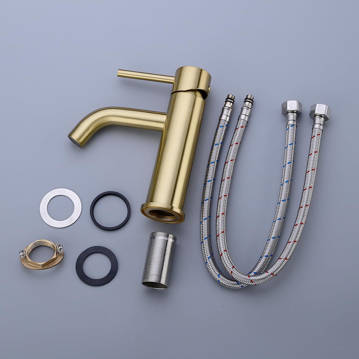 TRUSTMI Brass Bathroom Sink Faucet, Single Lever Mixer, Basin Tap with Water Inlet Hose, Brushed Gold.