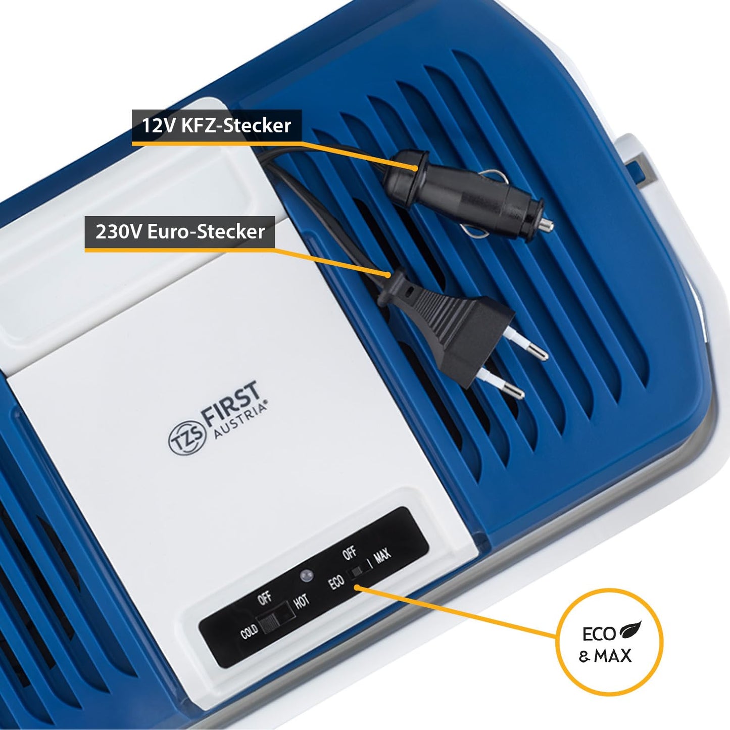 TZS First Austria - Cooler box 24L electric 12V 230V connection for car & power outlet - Thermo-electric Cool Box cools & warms - Mini fridge with handle - For camping, festivals, travel - Blue