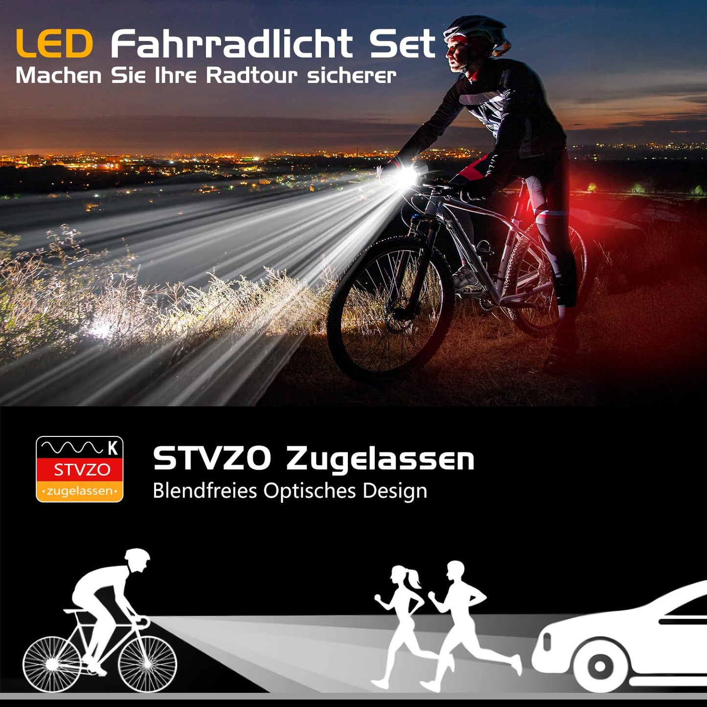 LED bike light set, StVZO approved front and rear bike lights with 1000mAh battery, 50 LUX bike light set USB rechargeable IPX5 waterproof bike lights LED set