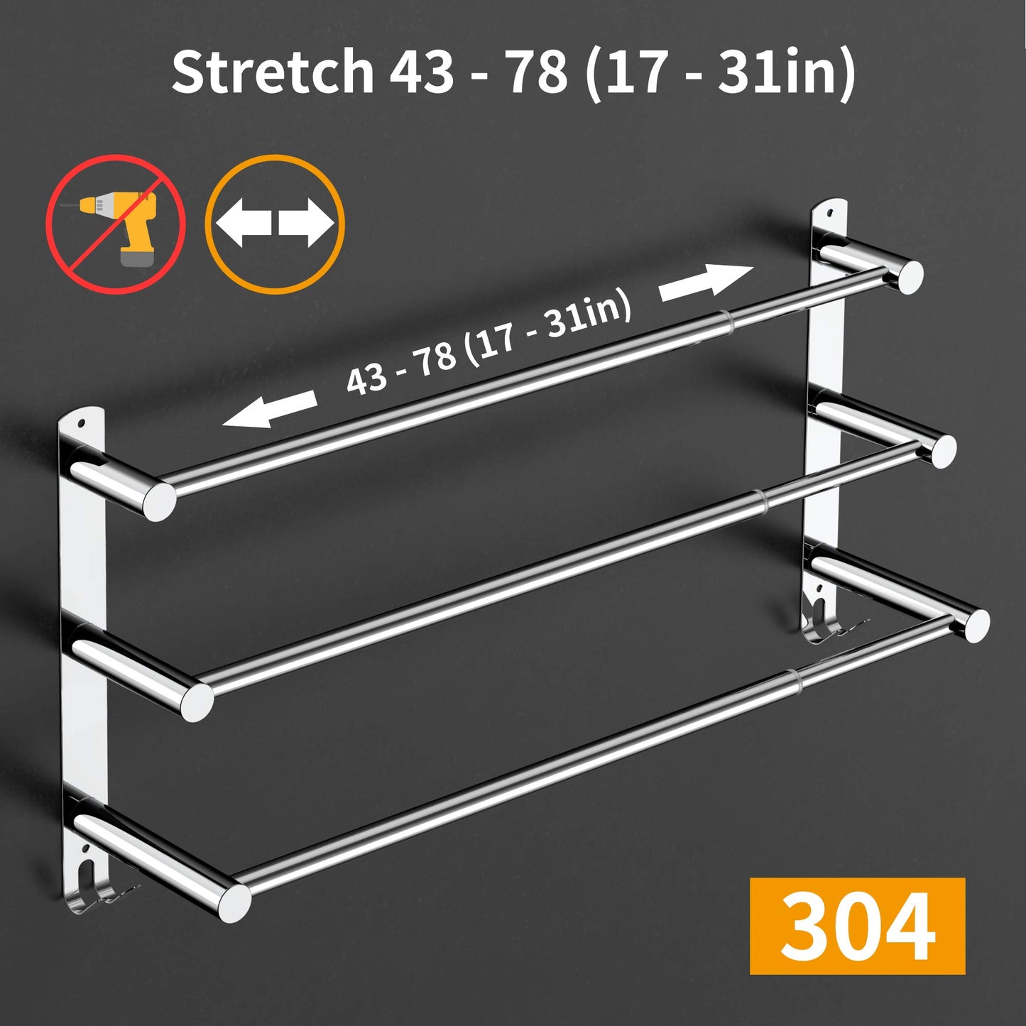 Towel rack Extendable 43-78CM without drilling Stainless steel double towel bar Bathroom Wall adhere bath towel holder wall mount (Silver 3-Bar)
