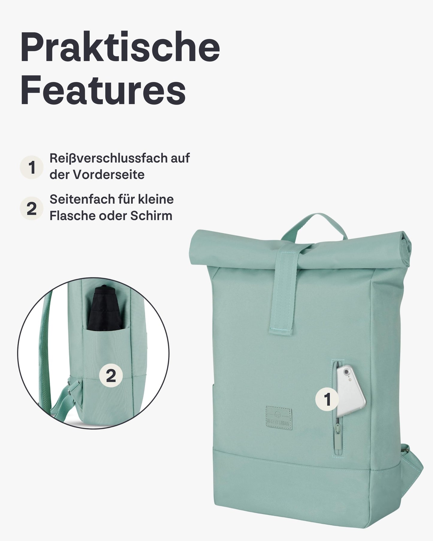 Johnny Urban backpack for women & men in mint color - Robin Medium - Rolltop design with laptop compartment for university, business, and cycling - 15L capacity - Sustainable and water repellent.