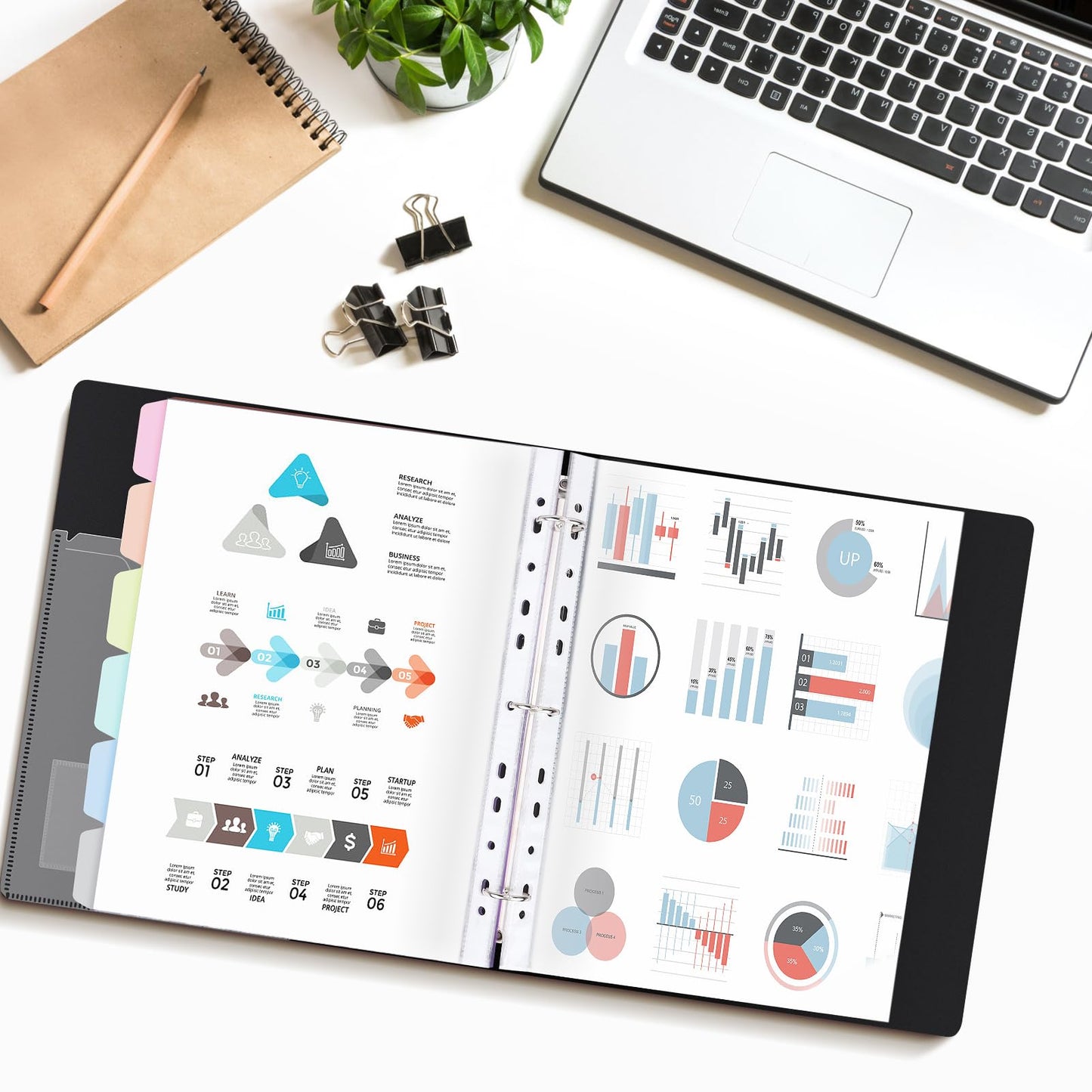 Uquelic presentation book, ring binder with 80 clear pockets A4 crystal clear (50 microns) and 6 macaron-colored PP dividers, folder organizer for documents, certificates, portfolio, black