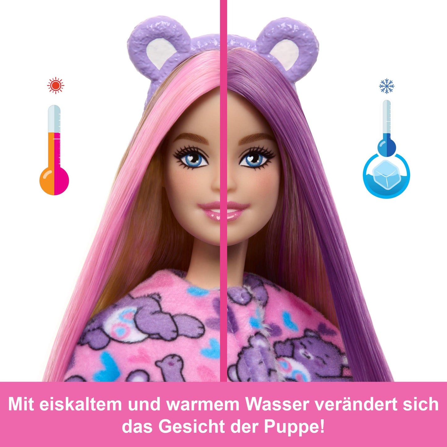 Barbie doll with accessories, Care Bears collection, fashion doll in fuzzy Care Bears costume with 10 surprises, including color change and mini Care Bear, JCN94.