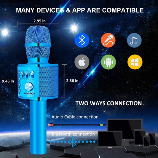 BONAOK Bluetooth Karaoke Microphone Wireless, Karaoke Microphone Echo, Home Party Microphone for Kids with Recording Function, Ideal for Music Playback and Singing, KTV, for iOS/Android/Smartphone (Blue)