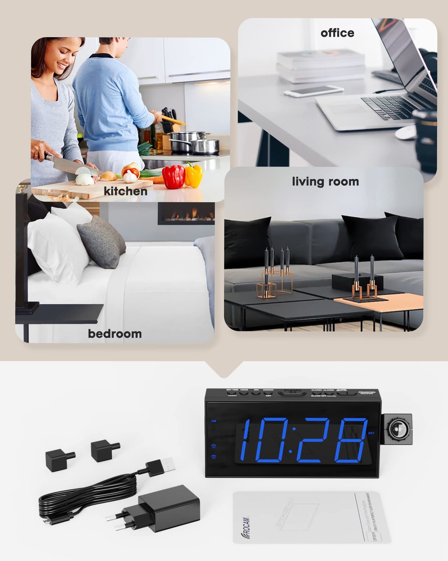 ROCAM alarm clock with projection, projection clock with USB charger, battery backup, 350° projector & dimmer, large LED display, 12/24H, DST, snooze, digital clock for kids