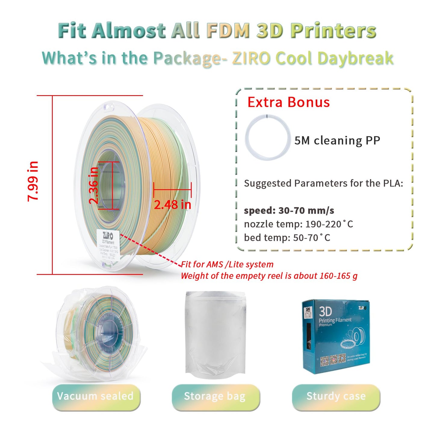 ZIRO Matt Multicolor PLA Filament 1.75mm, Fast Color Changing Matte 3D Printer Filament, 1kg Spool for Most FDM 3D Printers, Dimensional Accuracy +/-0.03mm, Cool Dawn.