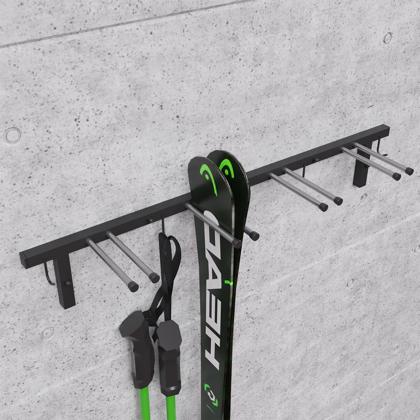QLS Trading Ski Rack S3 Wall Ski Rack for 4 pairs 83 cm Nordic Walking Trekking Poles Ski Carrier Hook Rail with protective rubber coating for space-saving storage