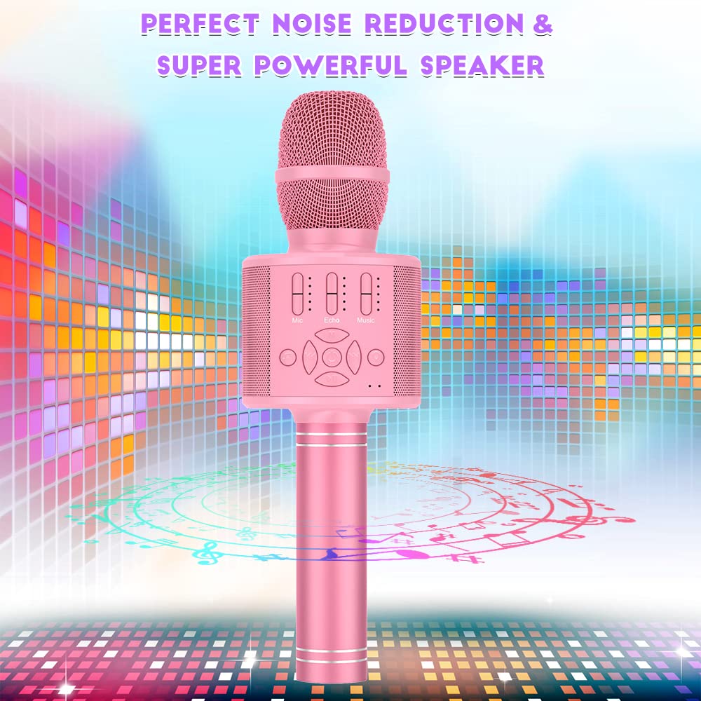 Magic Sing LED Karaoke Microphone for Kids, Wireless Bluetooth Toy for 3-12 Year Old Girls, KTV Speaker with Voice Changer, Home KTV Karaoke Machine for Android, iOS, PC (KP06-Pink)