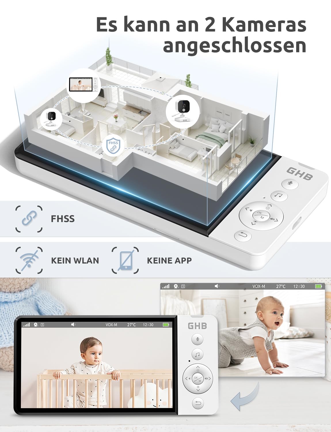 GHB baby monitor with camera 5 inch 720P HD 5000mAh IPS display VOX mode digital zoom night vision two-way talk temperature display ABM700