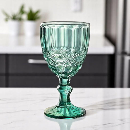 Vintage 6-piece set of colored wine glasses and drinking glasses with embossed relief (bow, turquoise, wine glass) chalice, drinking glass, water glass, highball glasses, cocktail glasses, glass, goblets.