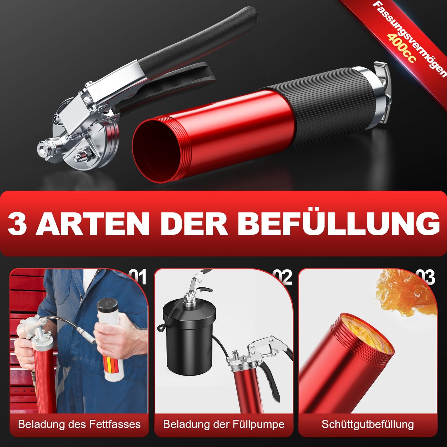 Amyzaval's grease gun for grease nipples, 8000PSI hand grip one-handed grease gun, heavy-duty barrel with grease gun nozzle, flexible hose and metal tube, grease gun for 400g cartridges, red