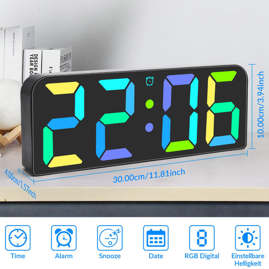 U-picks digital wall clock with adapter & remote, LED digital clock with large numbers display, adjustable brightness, three alarm sets. Digital wall clock desk clock for home - black.