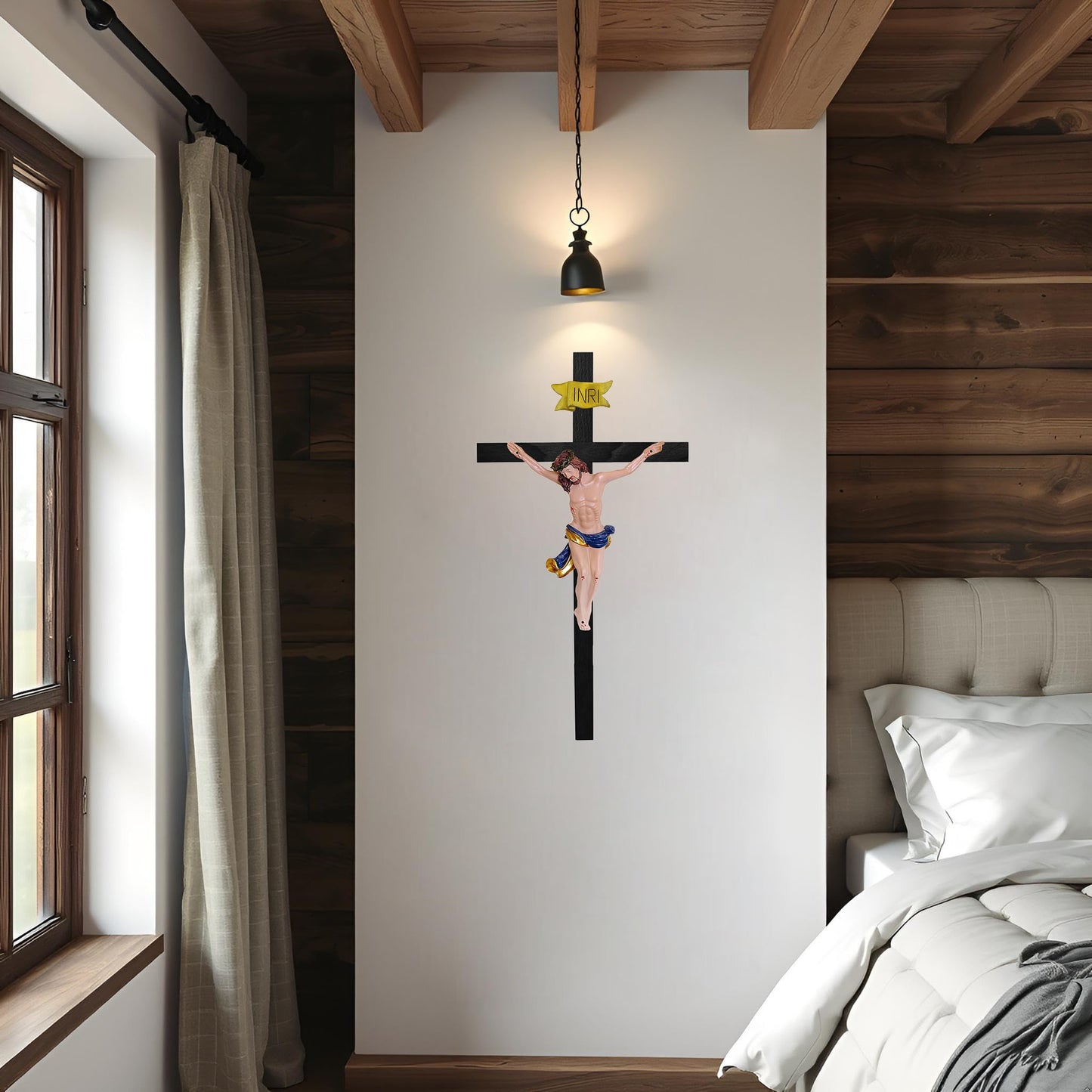 Kaltner Präsente gift idea - Wooden cross crucifix made of real beech wood in black with Jesus Christ figure made of hand-painted artificial stone (height 50 cm)