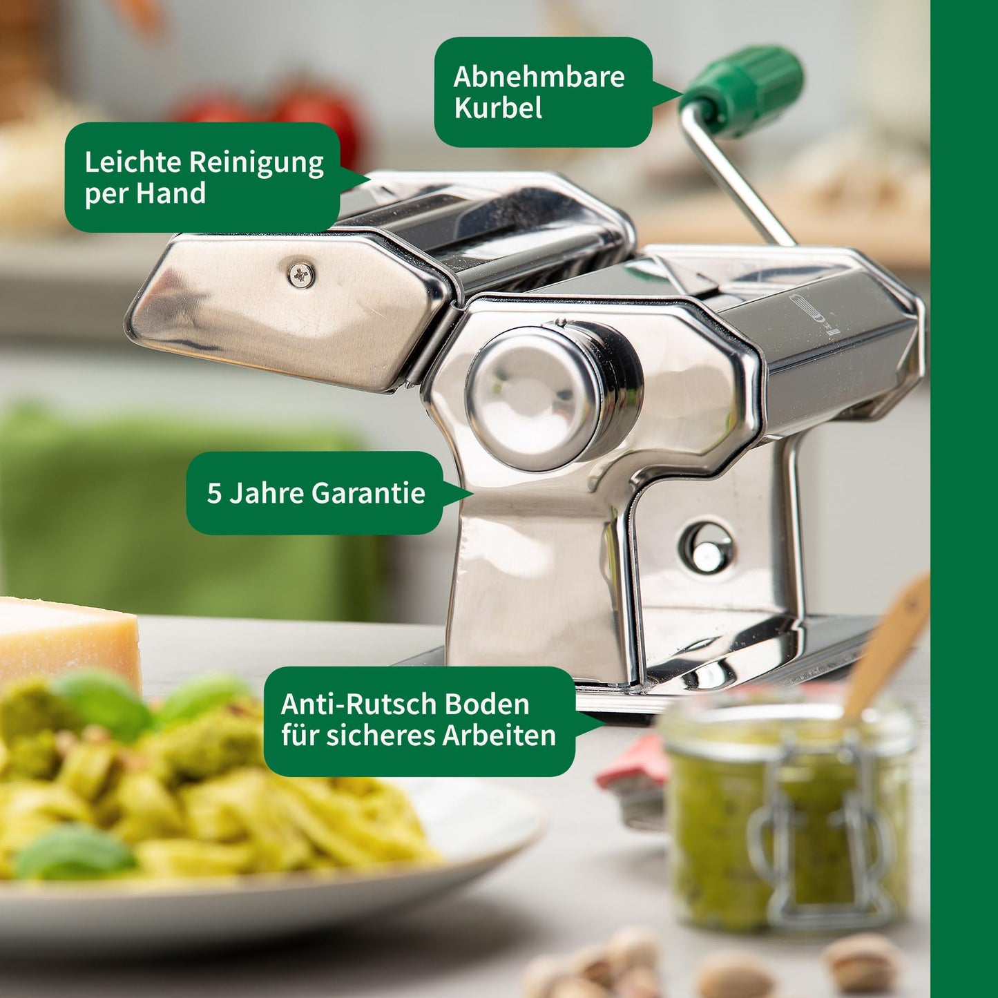 Chef Pasta Maker for delicious pasta - attachments for lasagna sheets, tagliatelle & spaghetti - includes table clamp and anti-slip base