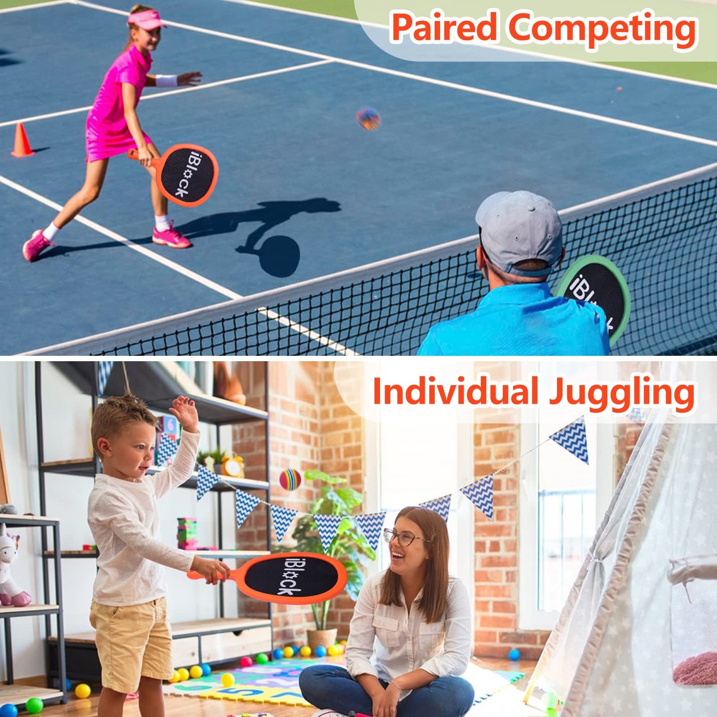 Smartwo Kids Racket Set, Outdoor Ball Games for Boys Girls, Lightweight Badminton Tennis Rackets for Beginners, Pool Beach Games Garden Games for Kids Outside, Orange & Green