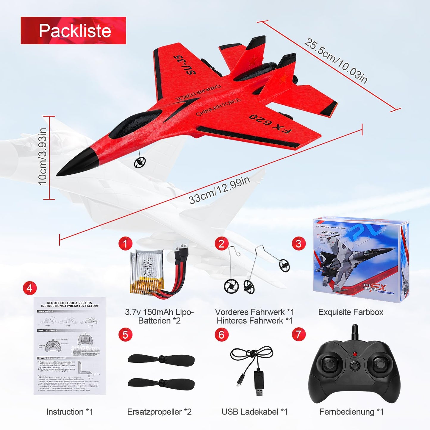 Henakmsl RC Airplane 2.4GHz SU35 Fighter RC Airplane 2CH Remote Control RTF for Beginners, Kids, and Adults, FX620 Airplane Toy with Colored Lights USB Charging Red