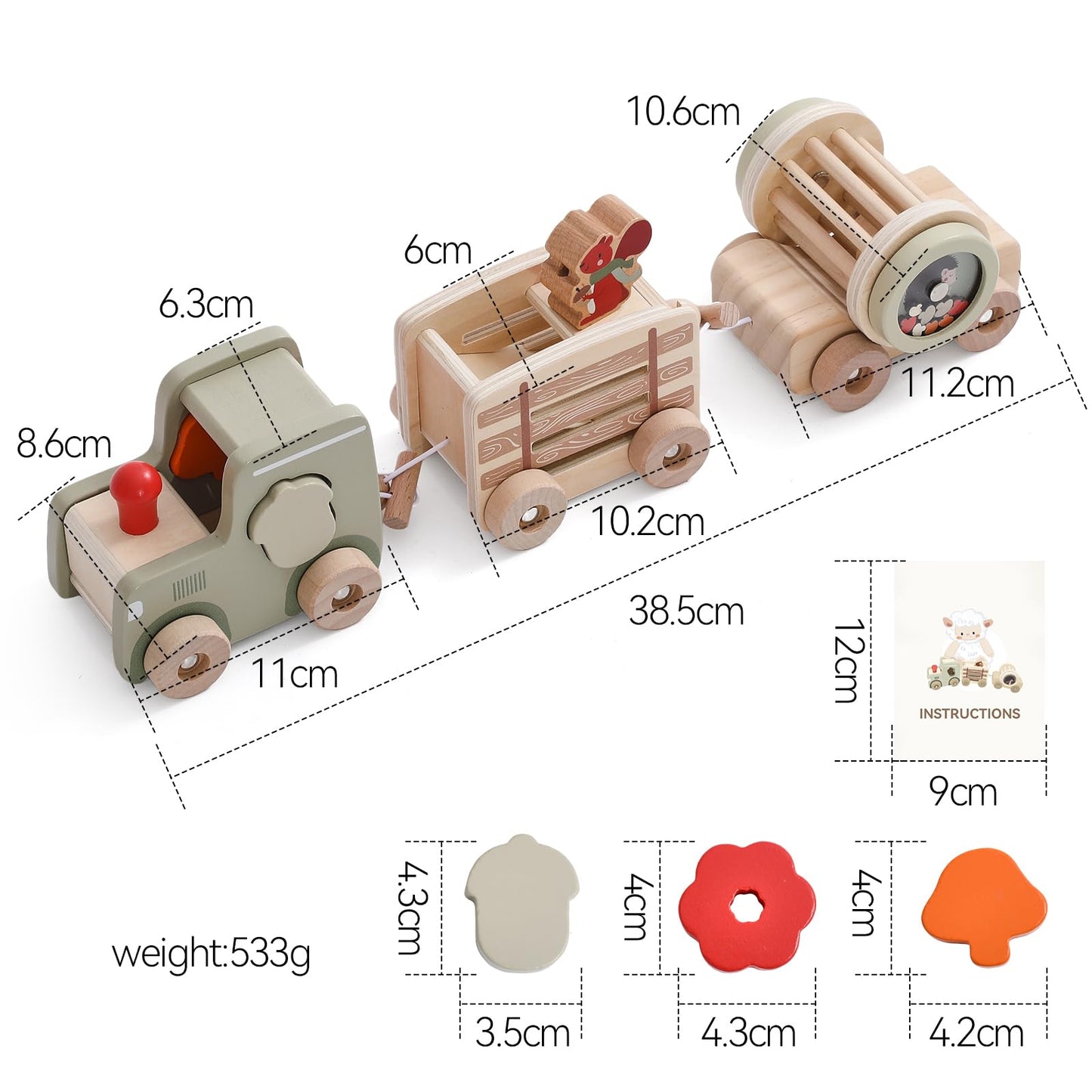 Mamimami Home Combined Train Wood Montessori Toy for Kids wooden train toy set with blocks and rattles Suitable for 1 year old boys girls