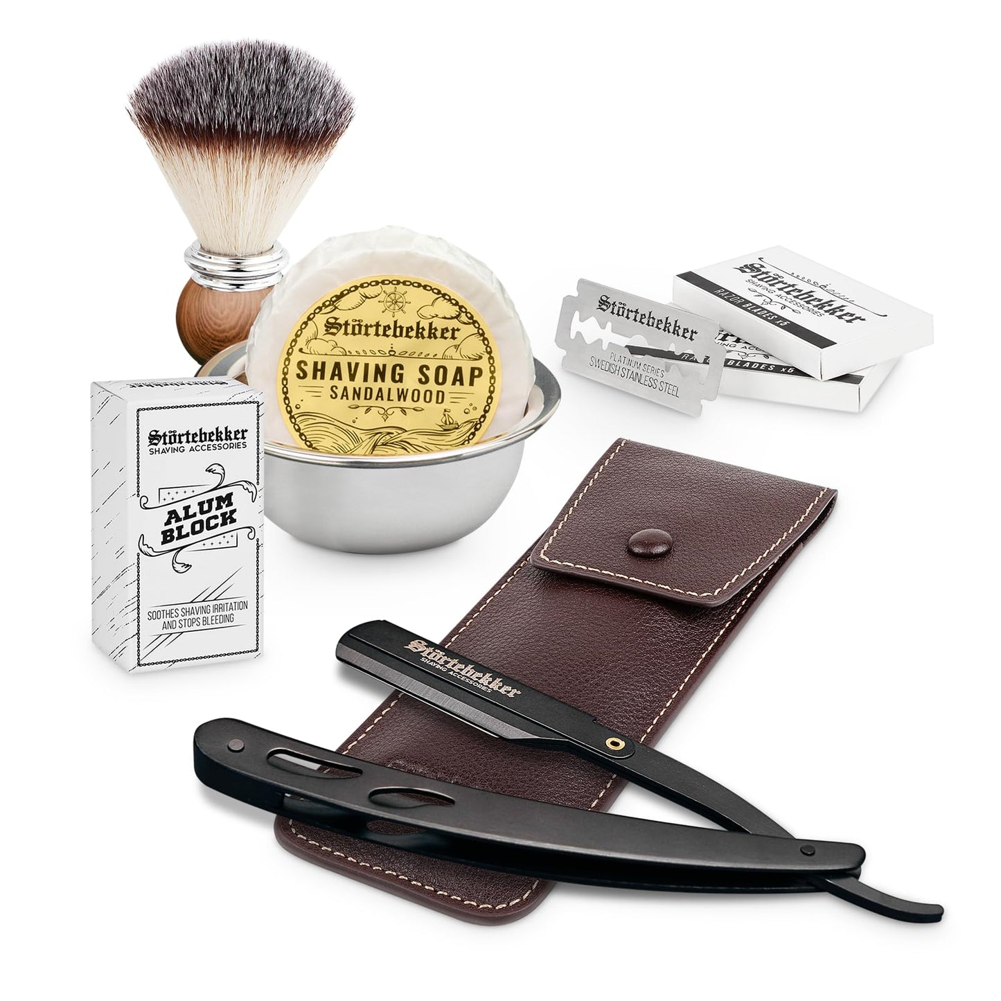 Störtebekker® Premium Straight Razor Set Black in handcrafted leather case (Café) - with shaving brush, shaving bowl, shaving soap, alum stone, and razor blades - high-quality wet razor shaving set
