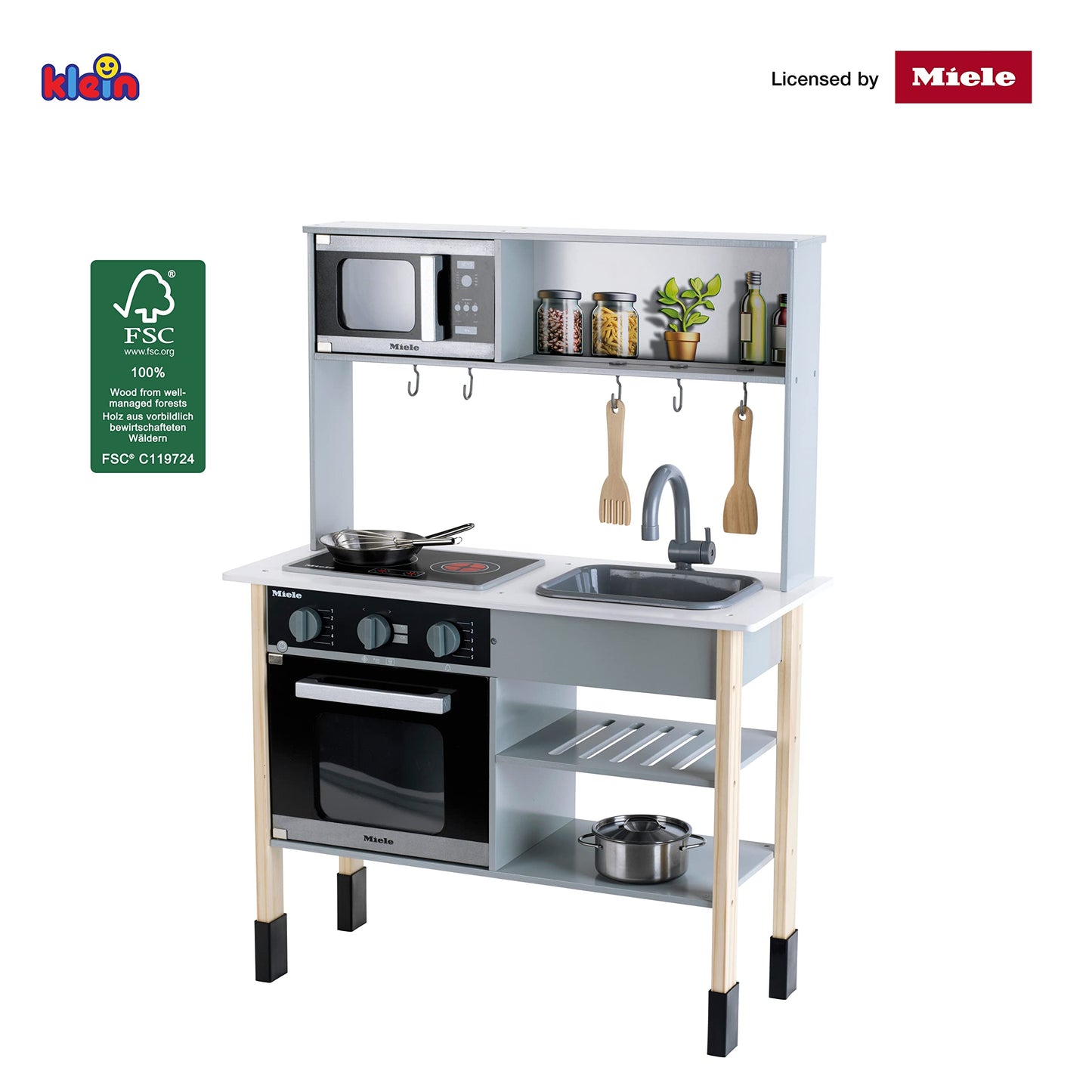 Theo Klein 7199 Miele Kitchen, White wooden kitchen including stove with sound and light, high-quality kitchen accessories made of stainless steel (not heatable) and wood, toy for children ages 3 and up.