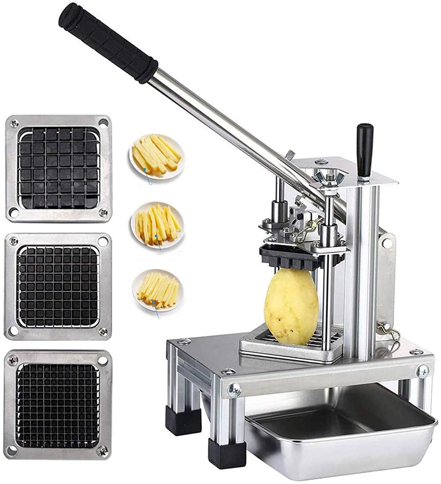 InLoveArts Professional Potato Cutter for potatoes and vegetables, with stainless steel blades in sizes 1/4 inch, 1/2 inch, 3/8 inch, and food plate.