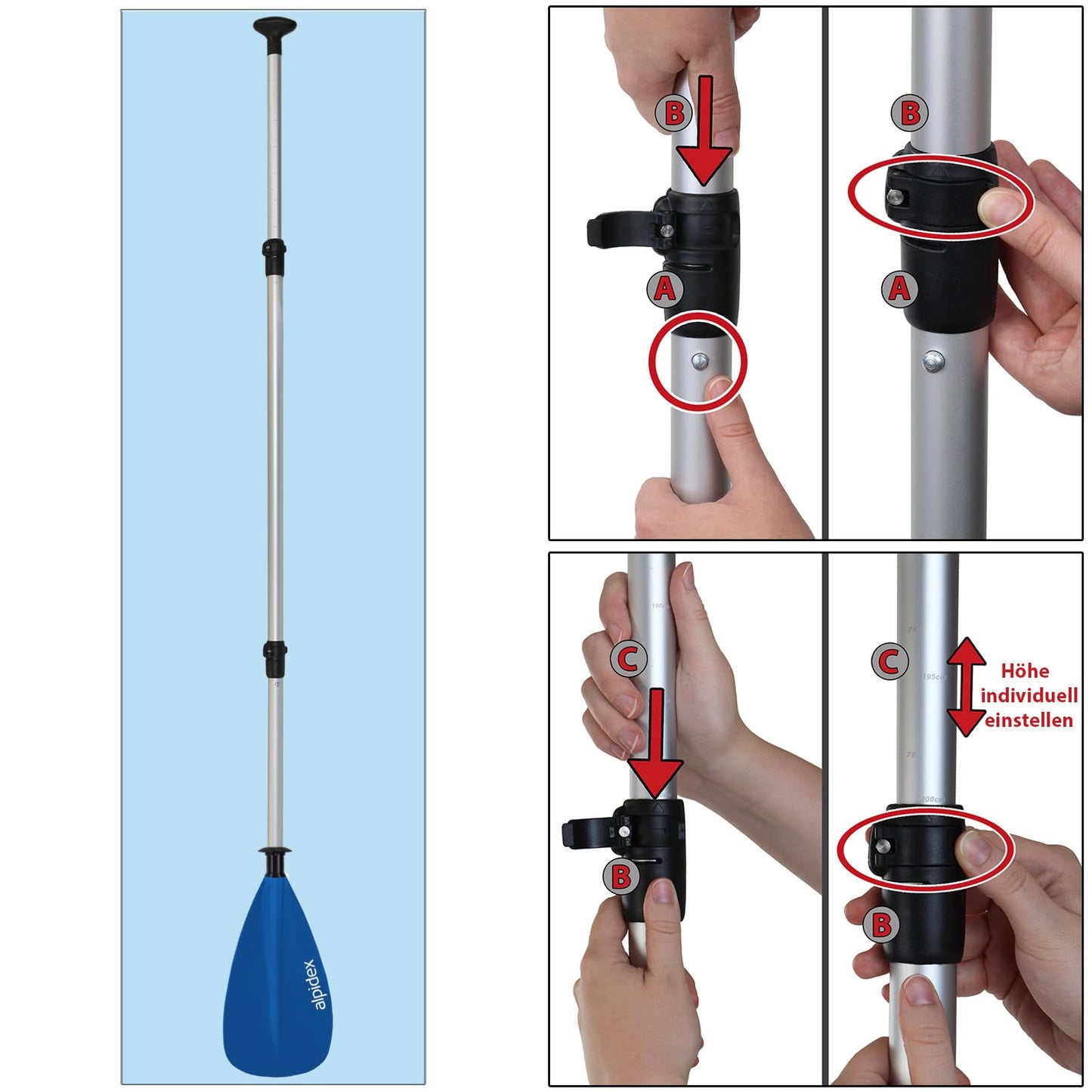 ALPIDEX 2 in 1 Paddle SUP Kayak Adjustable Lightweight Double Paddle Telescopic Paddle 160-207cm Aluminum Stand Up Paddle Board Kayaking, Color: light blue