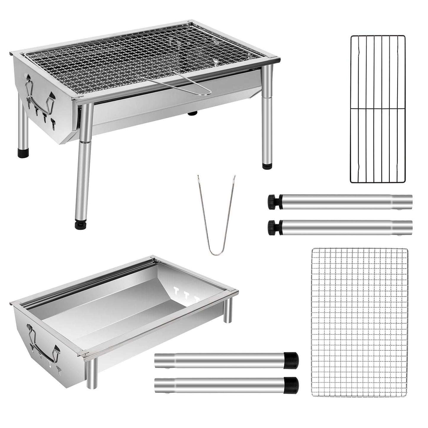 SunJas picnic grill stainless steel charcoal grill small portable camping grill detachable BBQ grills for outdoor garden party etc. (40 x 28 x 21.5 cm)