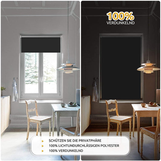 Magic blackout roller blind without & with drilling, clamp fix, black W105 x H130 cm (fabric width 100 cm), clamp roller thermal blind, indoor blind for sun protection and privacy, blinds for window & door.