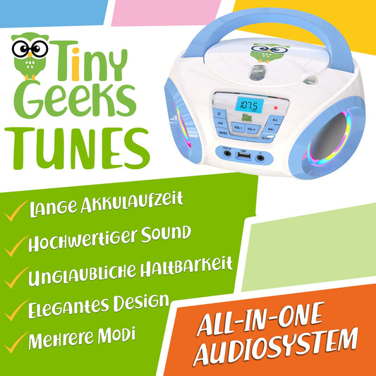 Tinygeeks Tunes Kids CD Player for Children - NEW - FM Radio - Includes Batteries - Blue - Portable Boombox CD Player - CD Player for Kids with Speakers - Blue