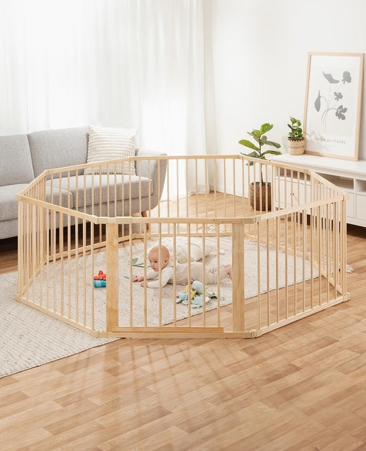 dibea playpen for babies & toddlers, sustainable playpen made of light spruce wood with door, 8 elements each 90x68 cm, solid barrier gate protects when crawling & learning to walk, safe protective gate
