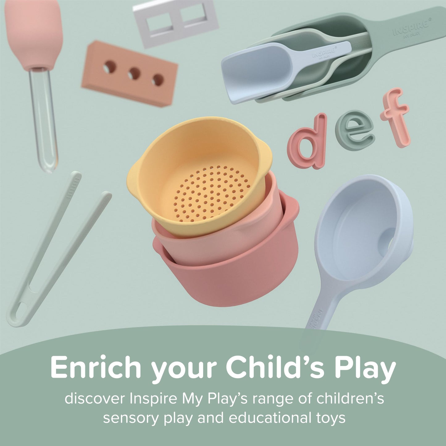 Inspire My Play - 3 x Nature Stackable Silicone Bowls and Sieve - Perfect accessory for Sensory Play Tray - Accessories for Tuff Tray - Toys for Early Development & Activity Play.