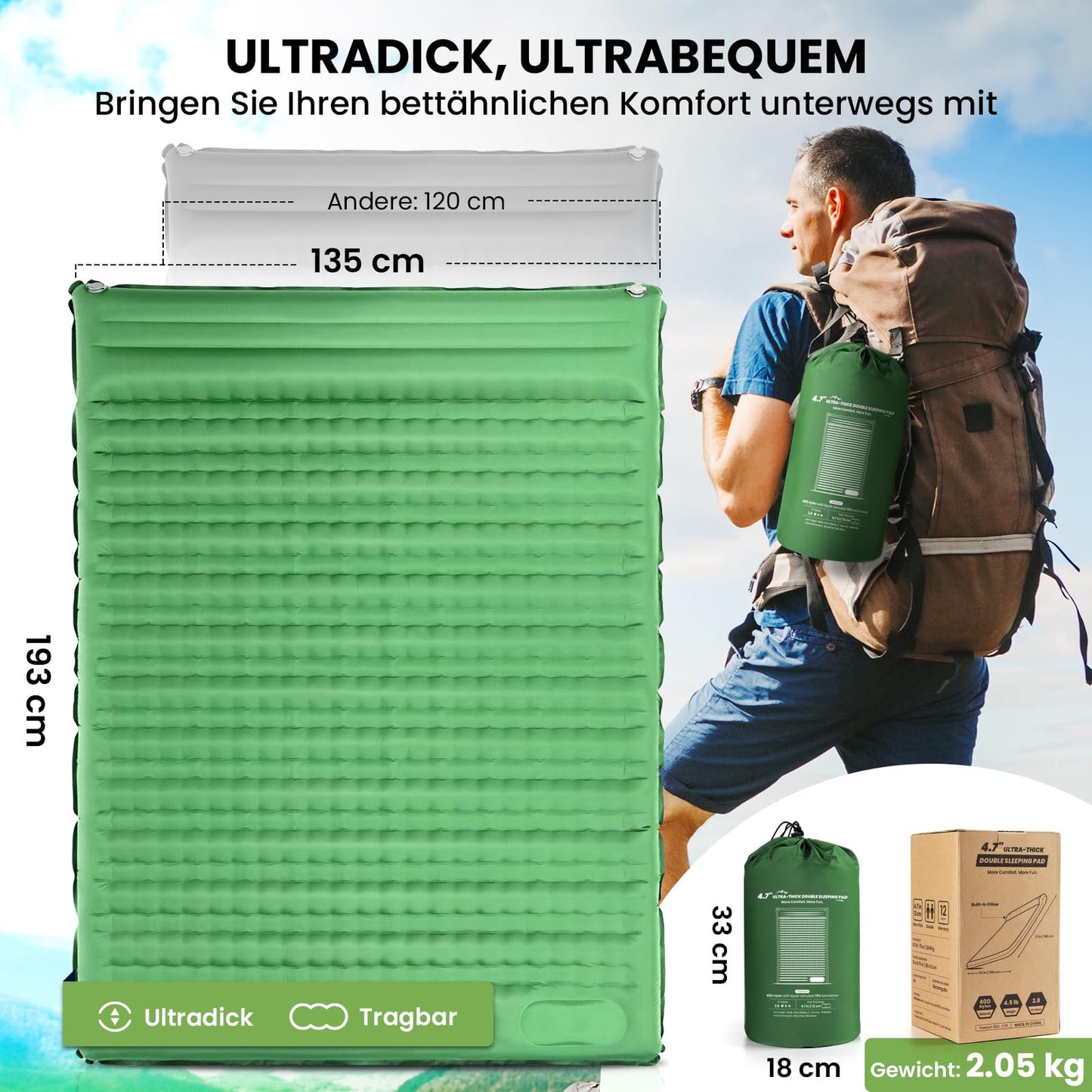 HIKENTURE Self-Inflating Sleeping Pad, 12CM Double Sleeping Mat Ultralight, Camping Mat for 2 People Inflatable, Sleeping Pad Air Mattress with Foot Pump for Tent, Hiking - Dark Green A3