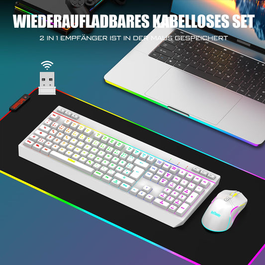 RedThunder K20 Wireless Gaming Keyboard and Mouse Set, QWERTZ DE Layout, RGB Backlight + Multimedia Function Keys, 4800 DPI Wireless Mouse for PC Mac Laptop (White)