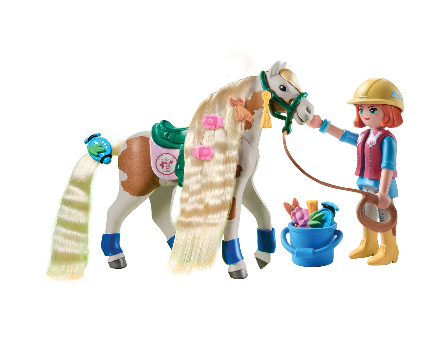 PLAYMOBIL Horses of Waterfall 71639 Ellie & Horse with styling iron, including hair accessories for creative horse hairstyles and two real silicone bracelets, sustainable toy for kids ages 5 and up.