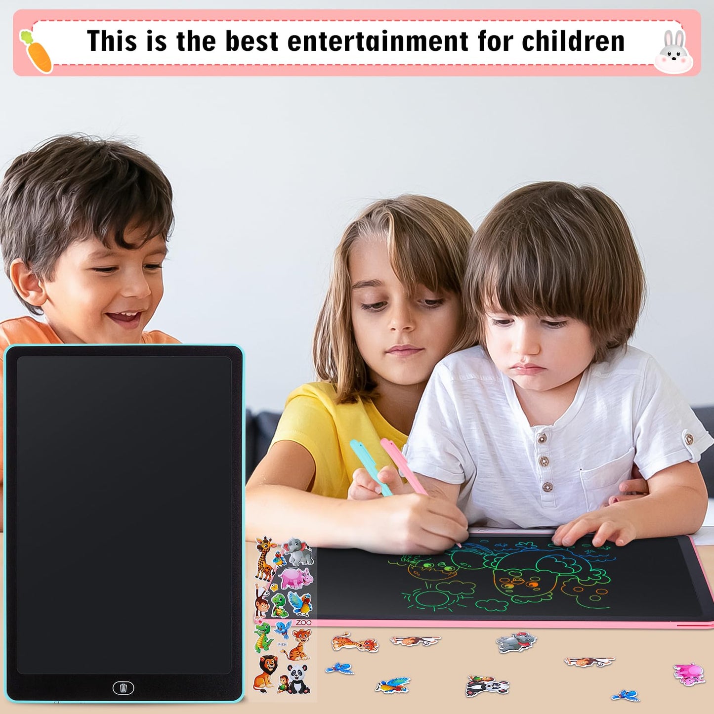 Damcyer 16 Inch LCD Writing Tablet for Kids 2 Pack, LCD Magic Drawing Board with Animal Stickers, Reusable Drawing Tablet for Kids and Adults Birthday Gifts Toy, Blue + Pink