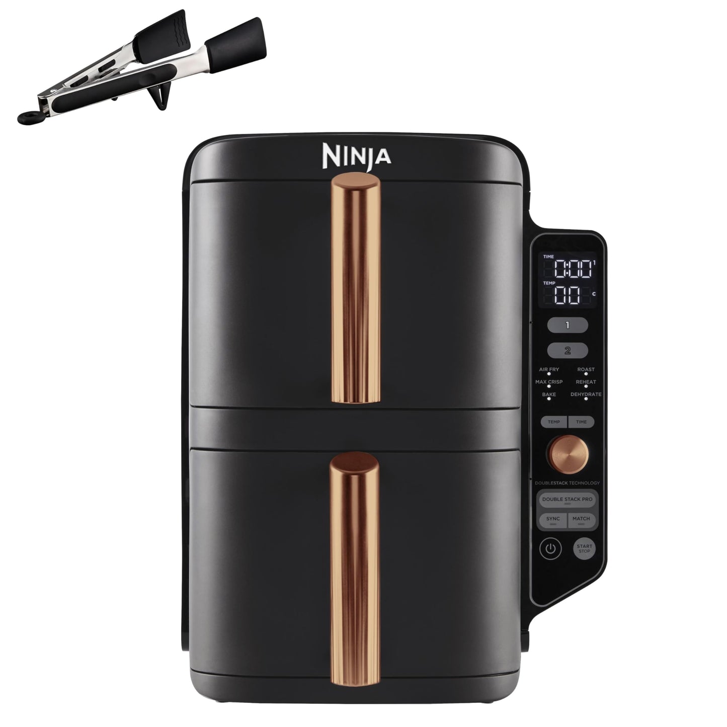 Ninja Double Stack XL Air Fryer, 2 vertical drawers, 4 cooking levels, space-saving design, 9.5L capacity, 6 functions, 8 portions, tongs, Black/Copper SL400EUCP
