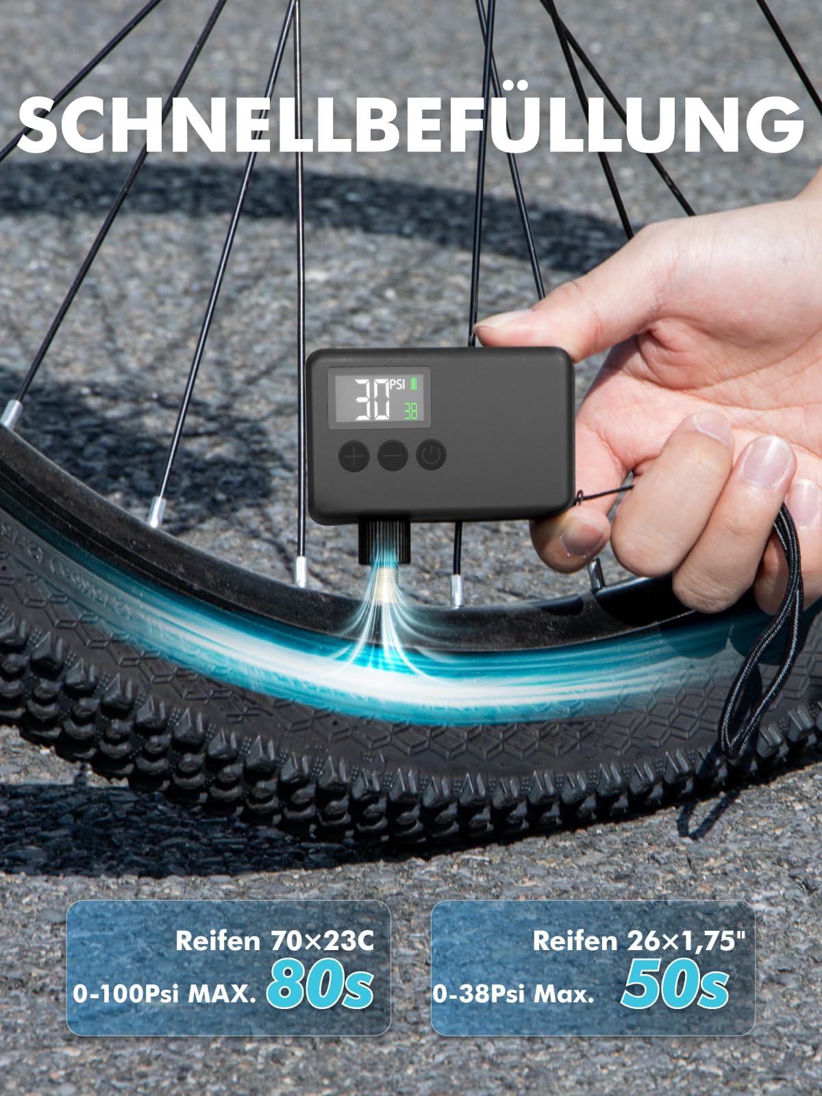 GPUTEK Electric Bike Pump, Bike Accessory 120 PSI cordless bike pump with pressure gauge, auto-off, and LED light. For e-bikes, mountain bikes, city, and road bikes with Presta and Schrader valves.