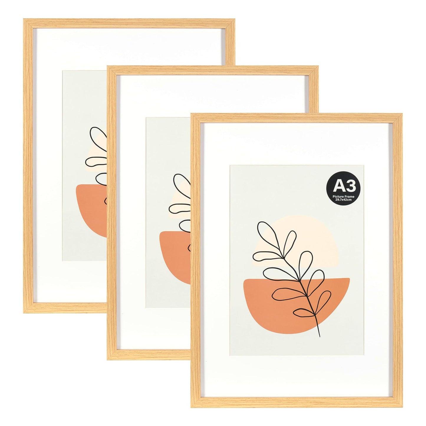 KAIWIN Oak Picture Frame A3 3 Piece Set with Mount 21x30 cm (A4) | Photo Frame with Acrylic Glass for Hanging | For Photos, Posters, Puzzles, Poster Frames