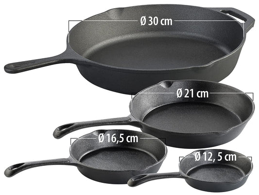 Tornwald-Schmiede Cast Iron Pans: 4-piece set of cast iron pans with Ø 12.5/16.5/21 and 30 cm each (cast iron pans for grills, grill pan, cast iron).